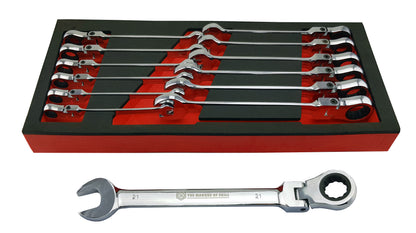 Britool Hallmark 13 piece flexi head ratchet spanner set covering metric sizes 8-21mm and supplied in neat EVA storage foam tray.