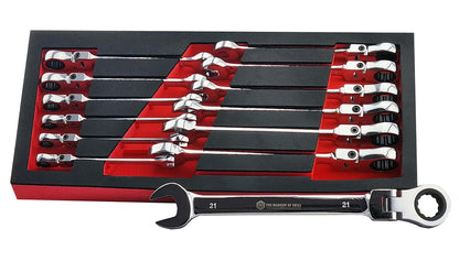 Britool Hallmark 13 piece metric flexi head ratcheting combination spanner set in tool control foam.