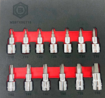 A set of 13 3/8" drive Torx star bit sockets from the Britool Hallmark range, arranged in order from T10 to T60, displayed in red and black foam inserts.