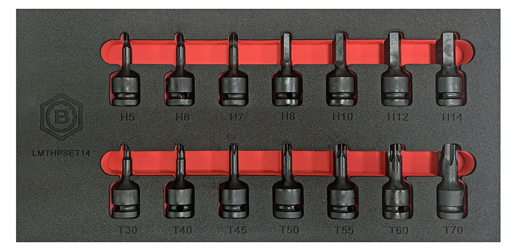 14 piece 1/2" drive impact bit driver set containing hexagon and torx bits and supplied in tool control foam tray.  From Britool Hallmark range.
