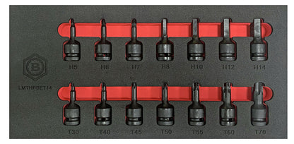 14 piece 1/2" drive impact bit driver set containing hexagon and torx bits and supplied in tool control foam tray.  From Britool Hallmark range.