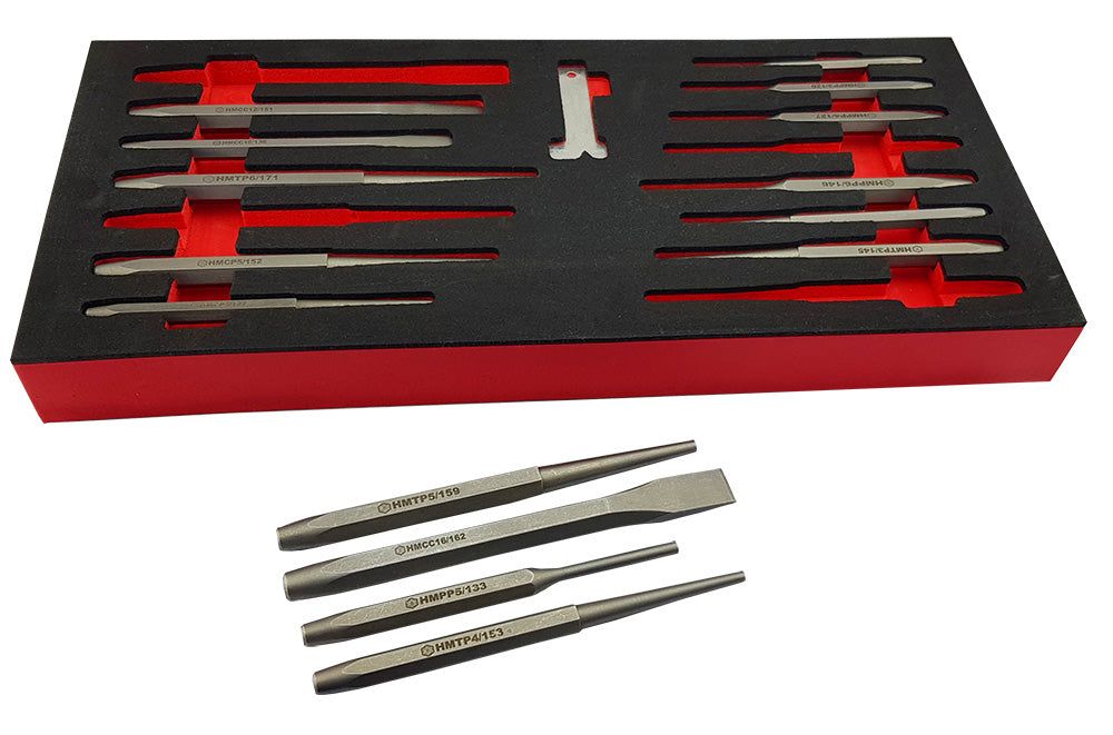Britool Hallmark HMPC15TC 15 piece heavy duty punch and chisel set with pin taper centre punches and cold chisels in EVA tool control foam