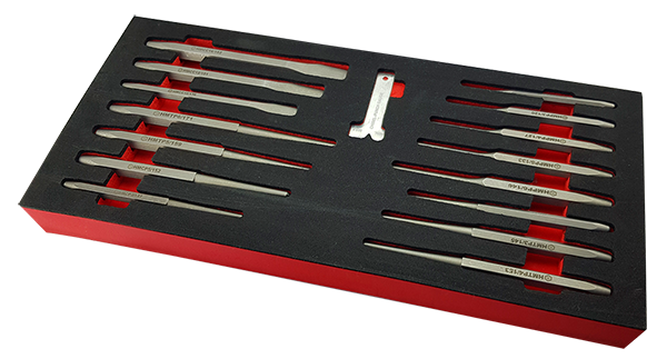 15 piece Britool Hallmark punch and chisel set in tool control foam.