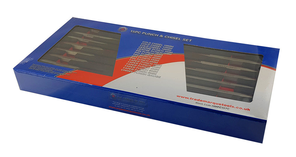 Britool Hallmark HMPC15TC 15 piece heavy duty punch and chisel set with pin taper centre punches and cold chisels in EVA tool control foam and shown in outer cardboard packaging.