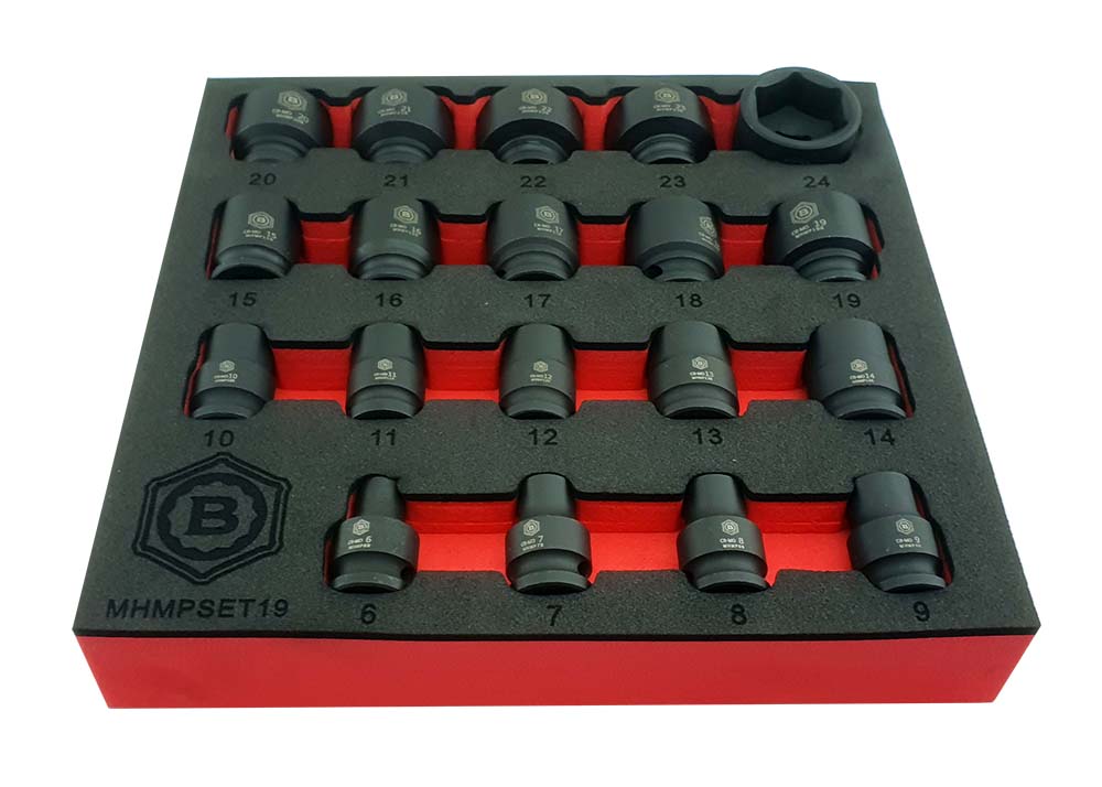 19 piece 3/8" drive standard depth metric impact socket set from 6-24mm from Britool Hallmark range.  Supplied in tool control tray for ease of storage and easy size selection.