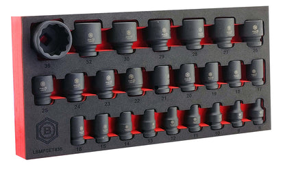 Britool Hallmark 25 piece 1/2 inch drive 12 point impact socket set 8mm to 36mm Cr-Mo sockets in EVA tool control foam