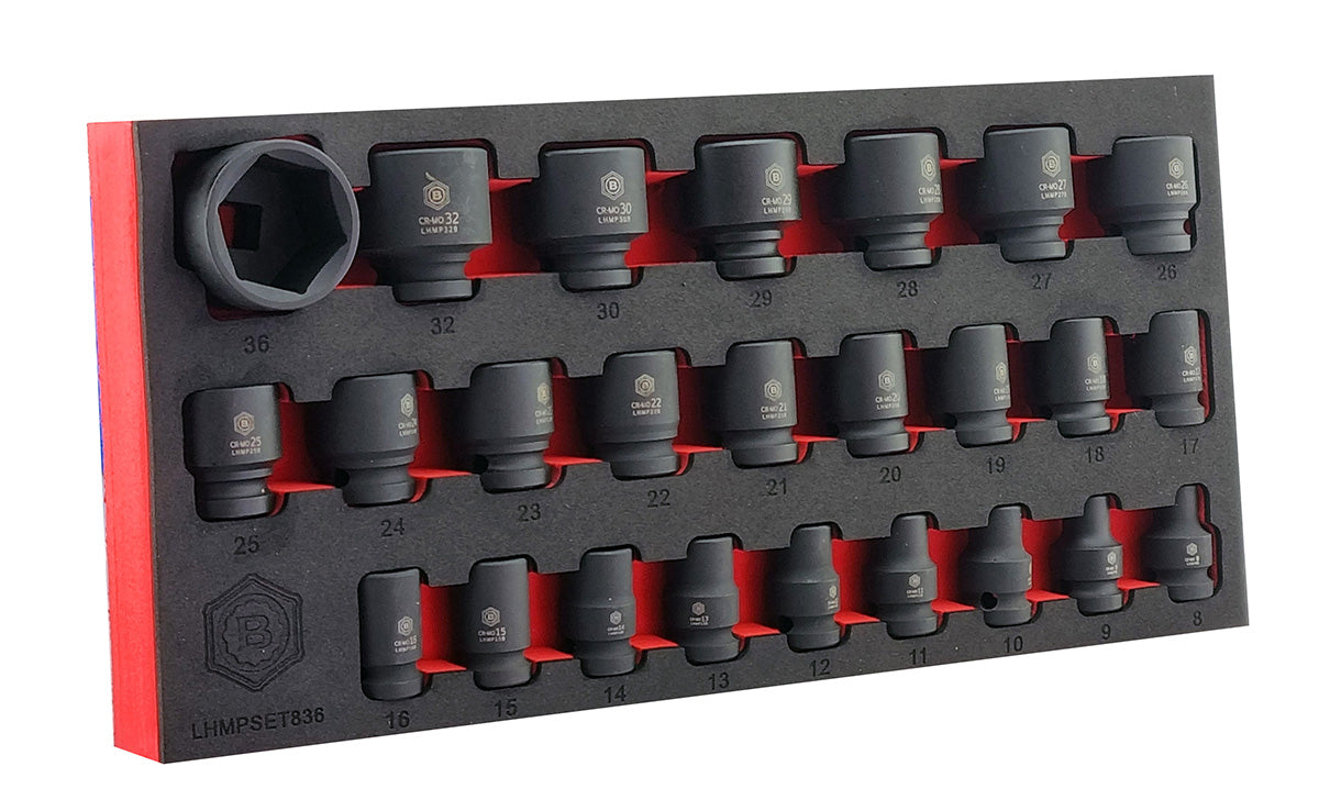 Britool Hallmark 25 piece 1/2" drive 6 point metric impact socket set from 8-36mm, supplied in EVA foam storage tray.