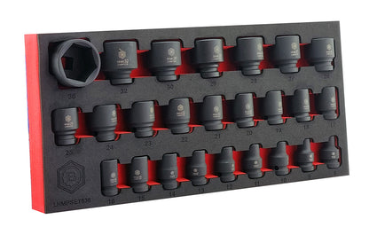 Britool Hallmark 25 piece 1/2" drive 6 point metric impact socket set from 8-36mm, supplied in EVA foam storage tray.