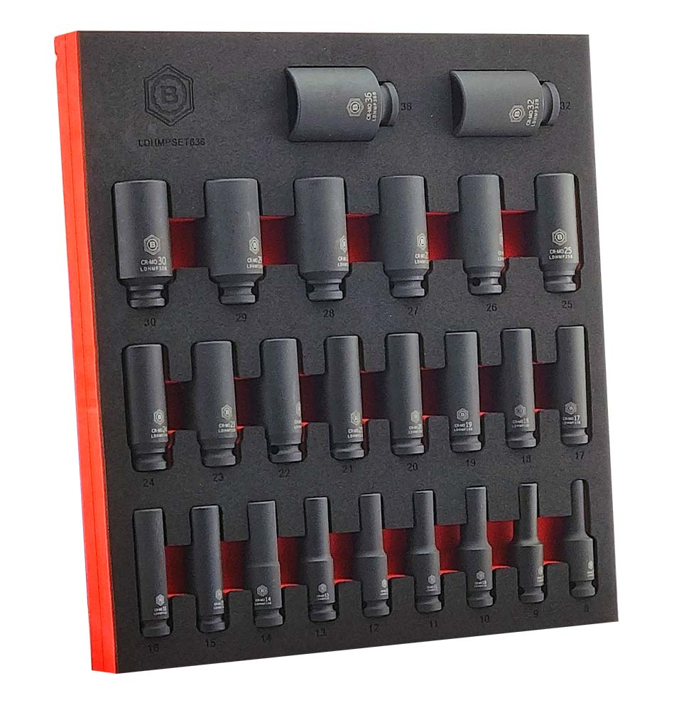 Britool Hallmark 1/2" drive deep hexagon impact socket set in tool control foam. Covering metric sizes 8mm to 36mm