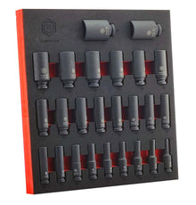 Britool Hallmark 1/2" drive deep hexagon impact socket set in tool control foam. Covering metric sizes 8mm to 36mm