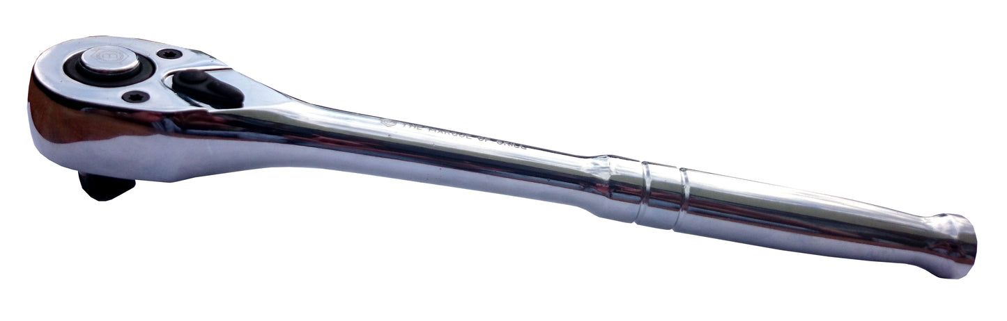 1/2" drive fine tooth reversible ratchet with quick socket release button from Britool Hallmark. Full polished chrome finish and service repair kits available.