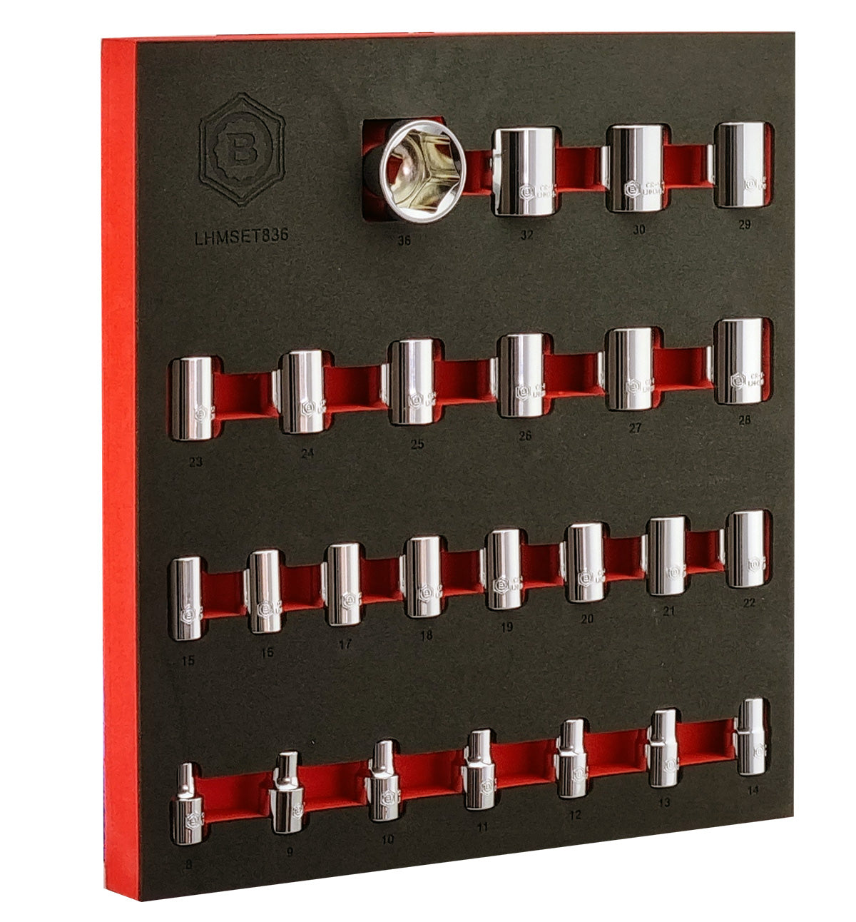 Britool Hallmark V3 1/2 inch drive 6 point standard depth hand socket set 8mm to 36mm.  Made from Chrome Vanadium and supplied in EVA tool control foam for ease of storage.