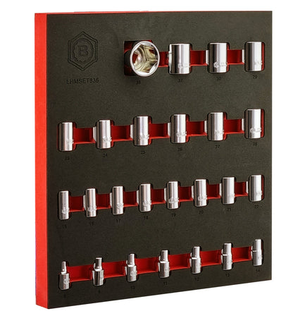 Britool Hallmark V3 1/2 inch drive 6 point standard depth hand socket set 8mm to 36mm.  Made from Chrome Vanadium and supplied in EVA tool control foam for ease of storage.