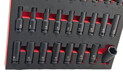 Britool Hallmark 34 piece impact socket set 1/2 drive, showing deep range of sockets from set
