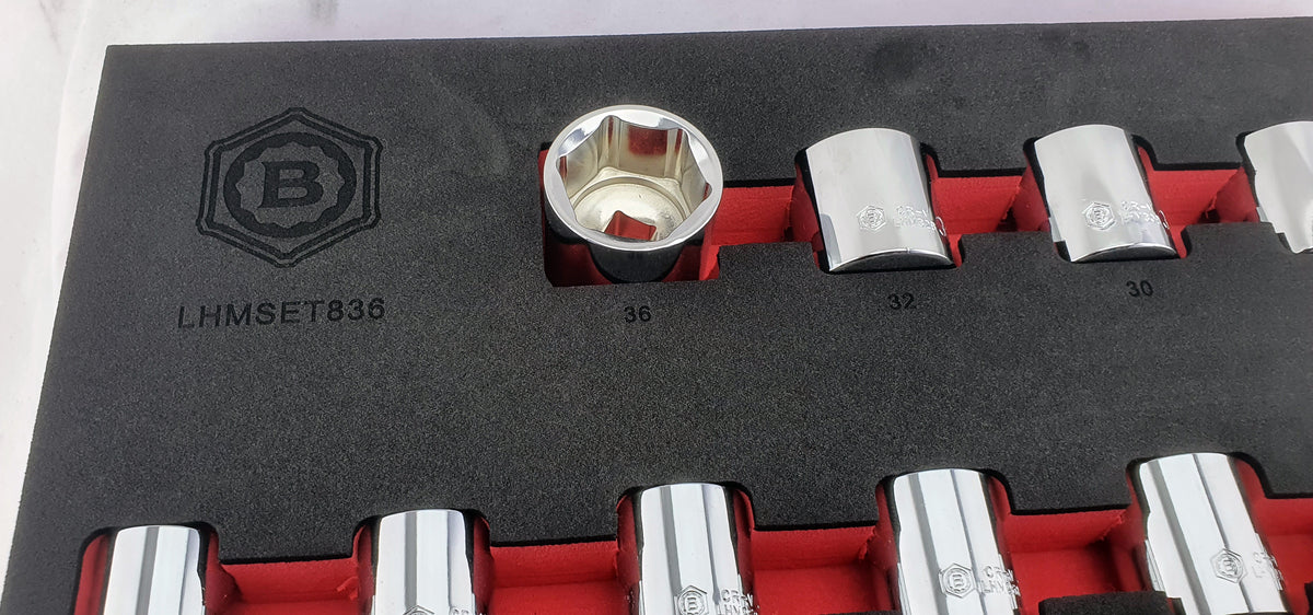 Close up of sockets in Britool Hallmark V3 25 piece 1/2 inch drive 6 point chrome socket set 8mm to 36mm in Tool Control EVA foam tray