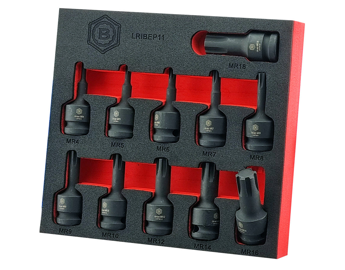 Britool Hallmark 1/2" drive impact Ribe profile bit driver set from M4 to M18, supplied in size marked EVA storage foam tray.