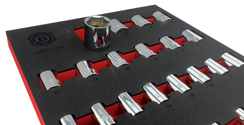 Britool Hallmark 1/2 drive standard depth chrome socket set with hexagon 6 point profile.