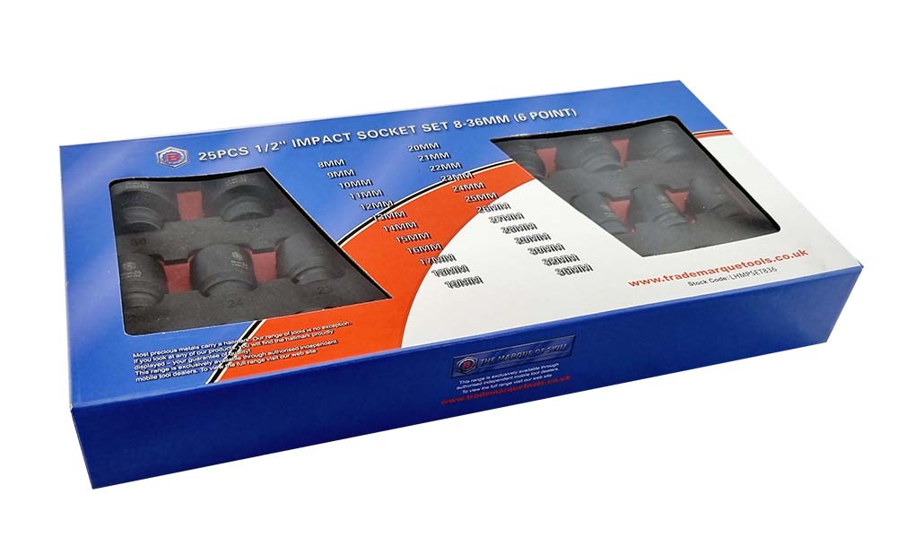 Britool Hallmark LHMPSET836 1/2" impact socket set shown in outer cardboard packaging.