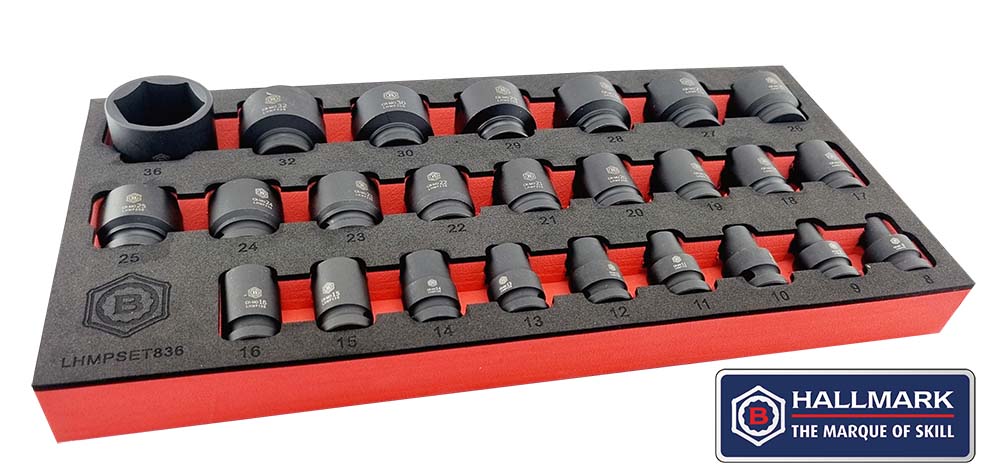 A set of Britool Hallmark impact sockets in sizes 8-36mm, neatly organized in a black tray with red accents. The set is designed for 1/2 inch square drive tools and features a 6-sided hexagon profile and a ball retaining groove.