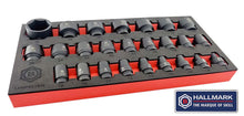 A set of Britool Hallmark impact sockets in sizes 8-36mm, neatly organized in a black tray with red accents. The set is designed for 1/2 inch square drive tools and features a 6-sided hexagon profile and a ball retaining groove.