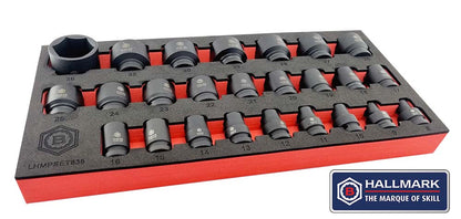 A set of Britool Hallmark impact sockets in sizes 8-36mm, neatly organized in a black tray with red accents. The set is designed for 1/2 inch square drive tools and features a 6-sided hexagon profile and a ball retaining groove.