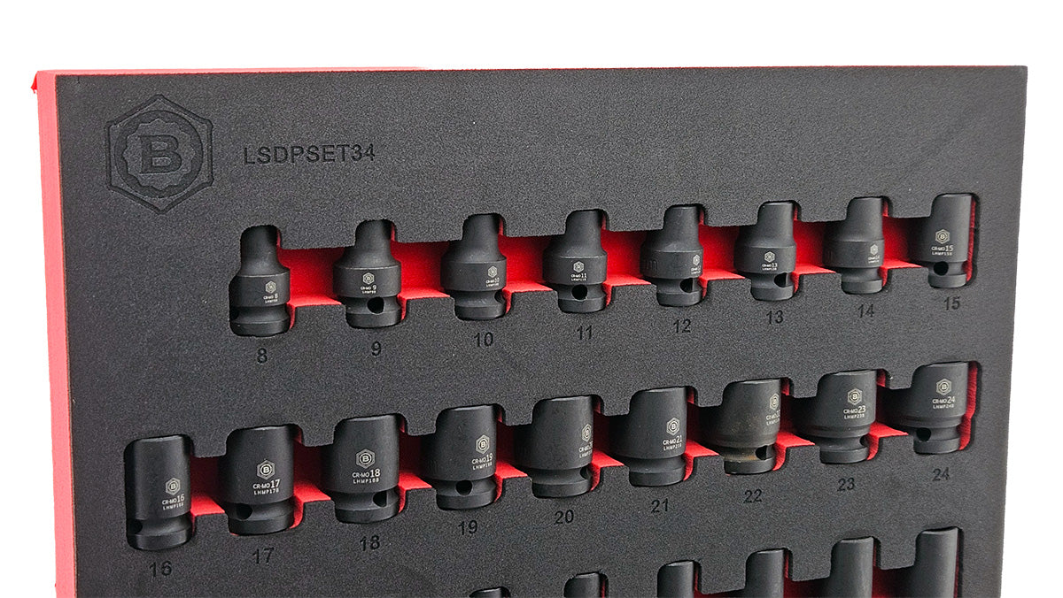 Britool Hallmark 34 piece impact socket set 1/2 drive, showing standard depth sockets from set.