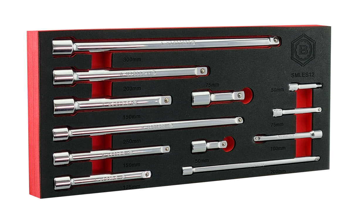 Britool Hallmark 12 piece fixed extension bar set contains 1/4", 3/8" and 1/2" drive bars in varying lengths.  Supplied in branded tool control foam tray for ease of storage.