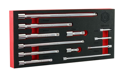 Britool Hallmark 12 piece fixed extension bar set contains 1/4", 3/8" and 1/2" drive bars in varying lengths.  Supplied in branded tool control foam tray for ease of storage.