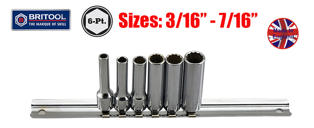 Britool England 1/4" Drive 12pt chrome deep socket set 3/16" - 7/16" AF Imperial.