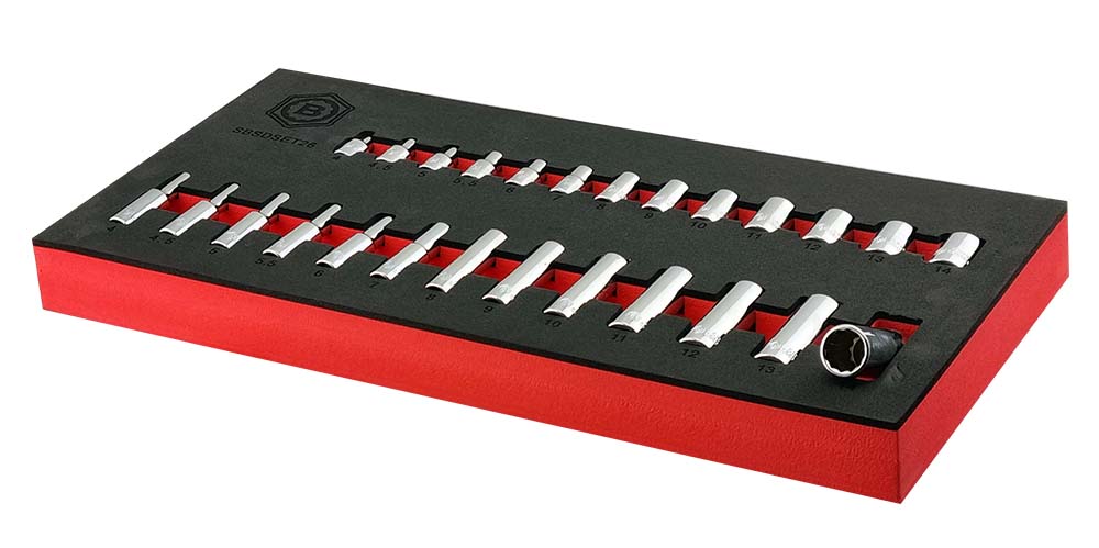 A set of Britool Hallmark 1/4 inch drive standard and deep sockets in a red and black tool control foam.