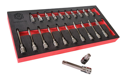 Britool Hallmark 22 piece torx bit socket set with long and short length bits, supplied in tool control foam.