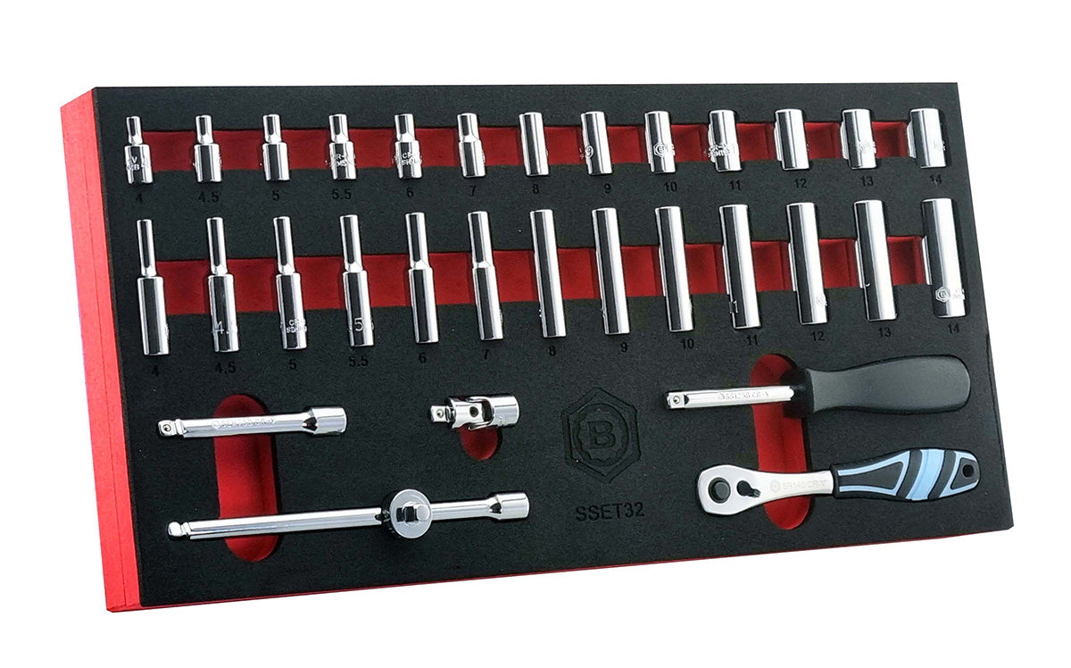 Britool Hallmark 1/4 drive socket set, 32pc set containing sockets, ratchet, adaptors and extension bars.  Supplied in tool control foam for quick identification.