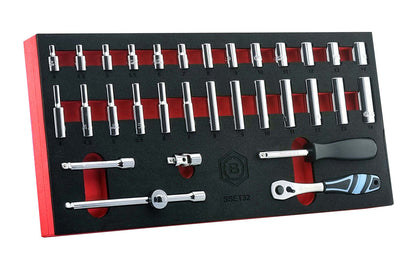 Britool Hallmark 1/4 drive socket set, 32pc set containing sockets, ratchet, adaptors and extension bars.  Supplied in tool control foam for quick identification.