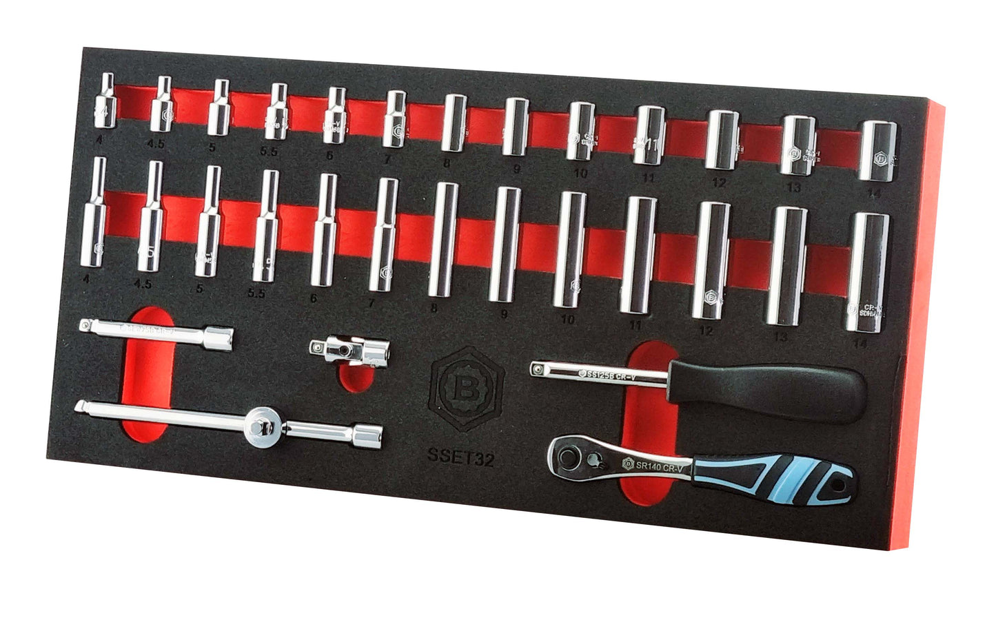 Britool Hallmark 32pc 1/4" drive socket and accessory set in tool storage foam.