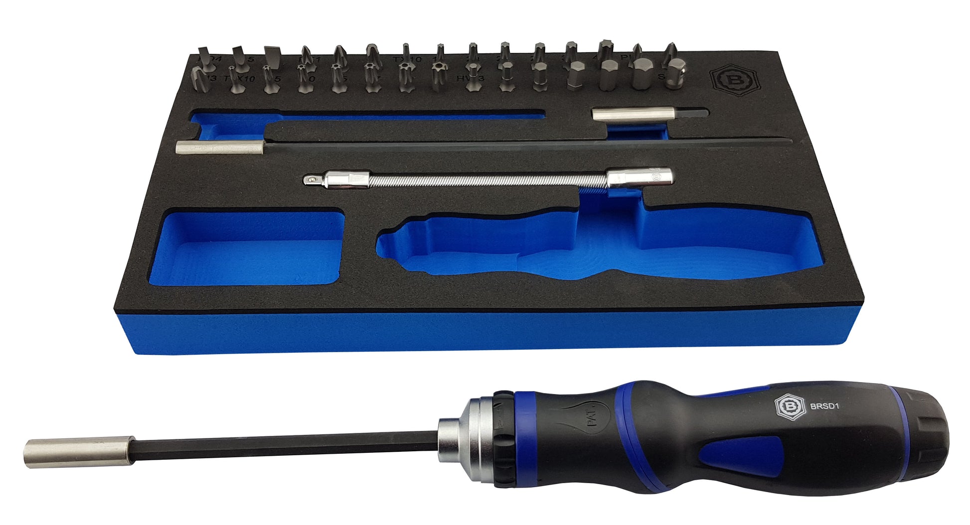 Britool Hallmark 35 piece ratcheting screwdriver set with flexible shaft and screwdriver bits.  Supplied in handy storage foam.