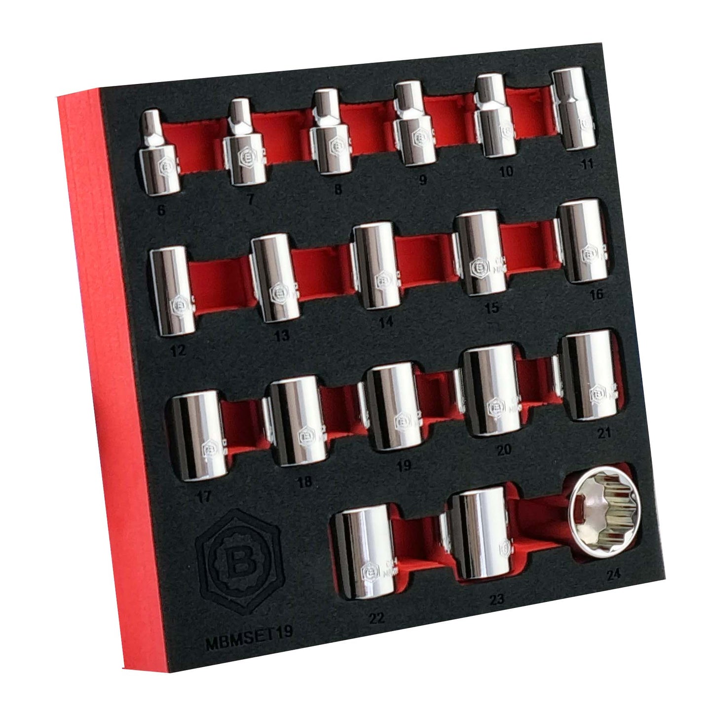 Britool Hallmark 19pc 3/8 inch drive 12 point socket set 6-24mm Chrome Vanadium sockets in red and black EVA tool control foam