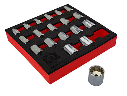 Britool Hallmark 19pc 3/8 inch drive 12 point socket set 6-24mm Chrome Vanadium sockets EVA tool control foam for easy toolbox storage and tool identification. 