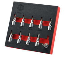 Britool Hallmark 10pc 3/8 inch drive 5 sided tamperproof Torx Plus TS bit socket set TS8 to TS50 in tool control foam for ease of storage and quick size identification.