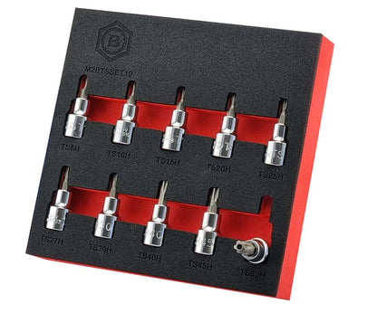 Britool Hallmark 10pc 3/8 inch drive 5 sided tamperproof Torx Plus TS bit socket set TS8 to TS50 in tool control foam for ease of storage and quick size identification.