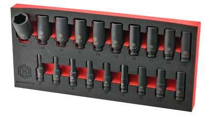 19 piece 3/8" drive deep metric impact socket set with hexagon, 6 point profile supplied in tool control tray, from Britool Hallmark.