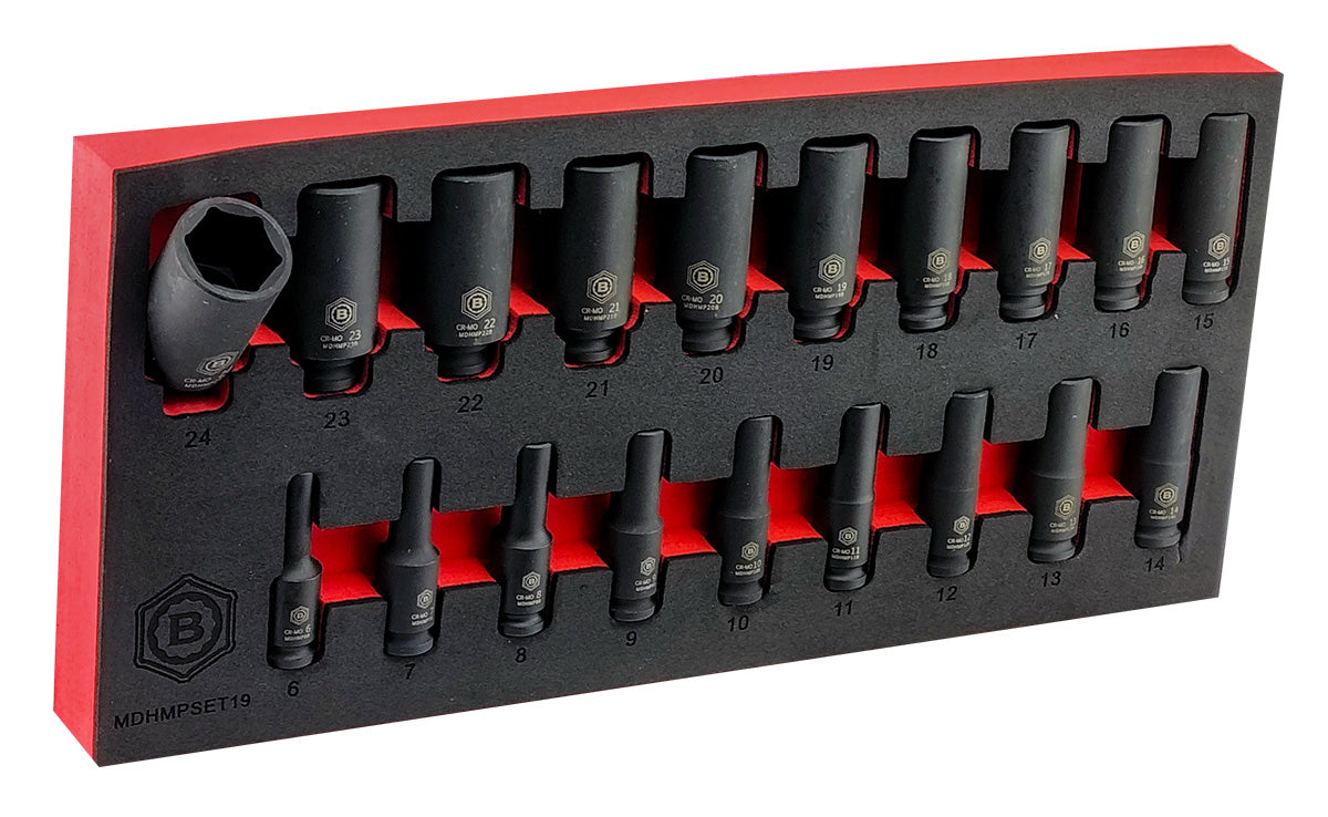 Britool Hallmark 19 piece 3/8" drive deep metric impact socket set from 6-24mm supplied in tool control foam tray.