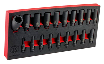Britool Hallmark 19 piece 3/8" drive deep metric impact socket set from 6-24mm supplied in tool control foam tray.