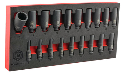 Britool Hallmark 19pc 3/8 inch deep 12 point bi-hexagon impact socket set 6-24mm Cr-Mo for professional automotive workshop use
