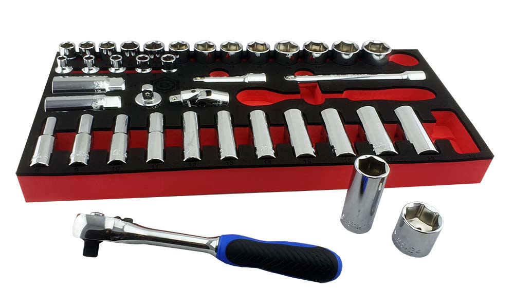 Britool Hallmark38 piece 3/8" drive socket accessory set in tool control foam, contains sockets, extension bars, ratchet, UJ's and adaptors.