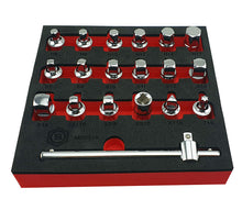 A set of 19 oil drain plug keys from Britool Hallmark. Organized in a tool control foam tray, including various sizes and shapes such as square, hexagonal, and triangular.