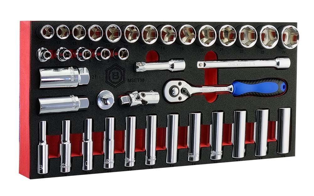 Britool Hallmark 3/8" drive socket and accessory set in tidy storage tool control foam.