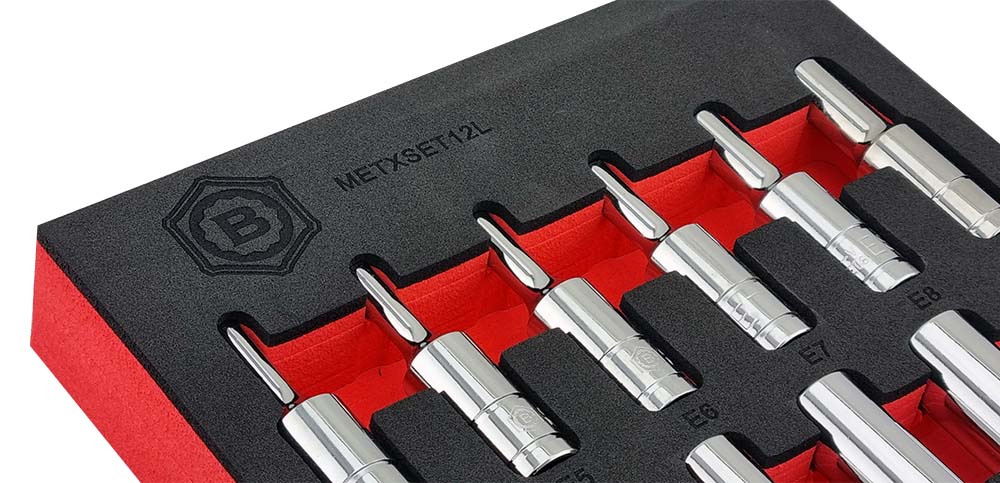 Britool Hallmark 3/8" deep chrome e torx socket set, showing close up of deep profile sockets in EVA tool control foam tray.