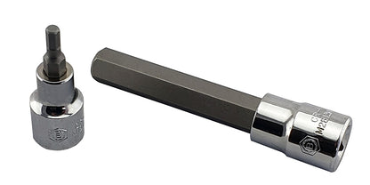 Britool Hallmark 3/8" drive hexagon bit sockets showing one standard length and one longer length.  From M2BTSET20 set.