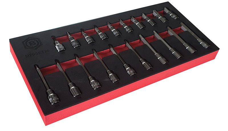 20 piece 3/8" drive hexagon bit socket set from Britool Hallmark.  Covers metric sizes 3 - 12mm with standard and longer length bit sockets.  Supplied in branded tool control foam tray for ease of reference and storage.