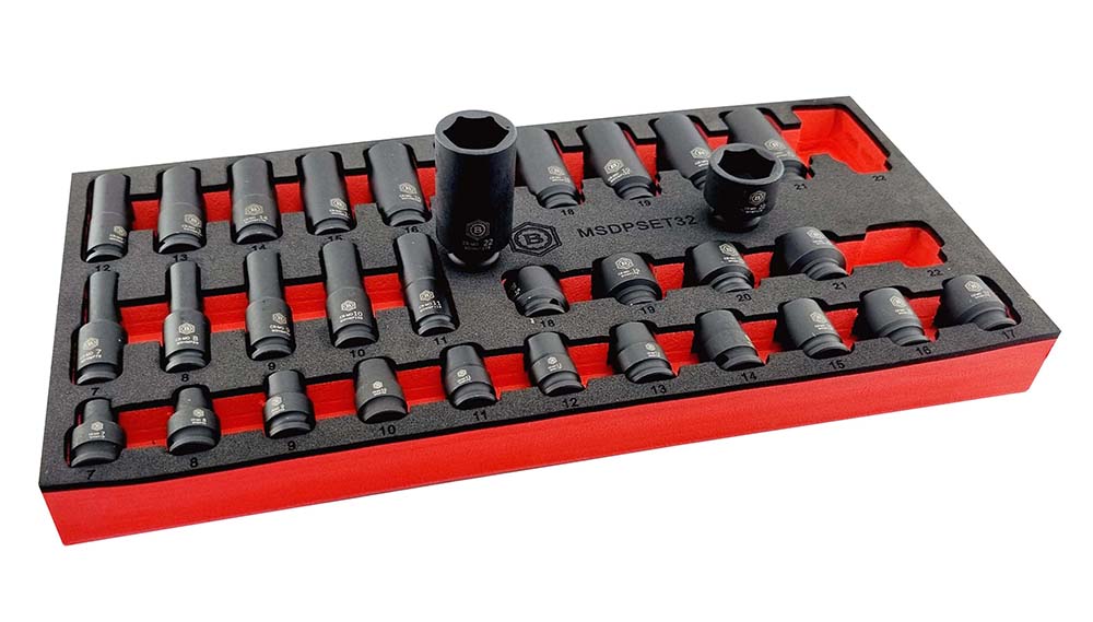 Britool Hallmark 32 piece 3/8" drive standard and deep hexagon impact socket set covering sizes 7 to 22mm supplied in tool control tray.